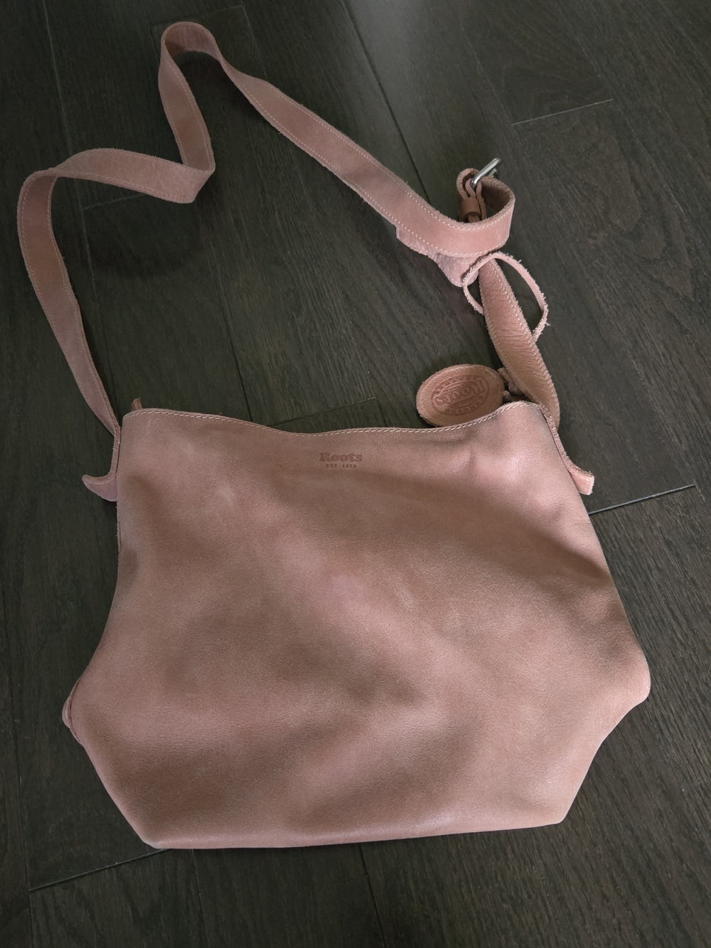 Roots Pink Leather Bucket Crossbody Bag
